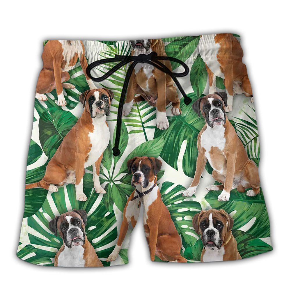 Boxer Dog Tropical Leaf Trendy Aloha Hawaiian Beach Shorts Boxer Dog Tropical Leaf Trendy Aloha Hawaiian Beach Shorts