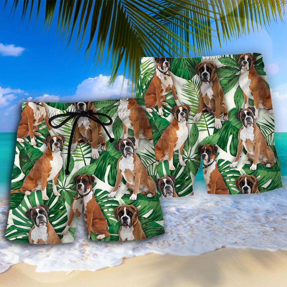 Boxer Dog Tropical Leaf Trendy Aloha Hawaiian Beach Shorts