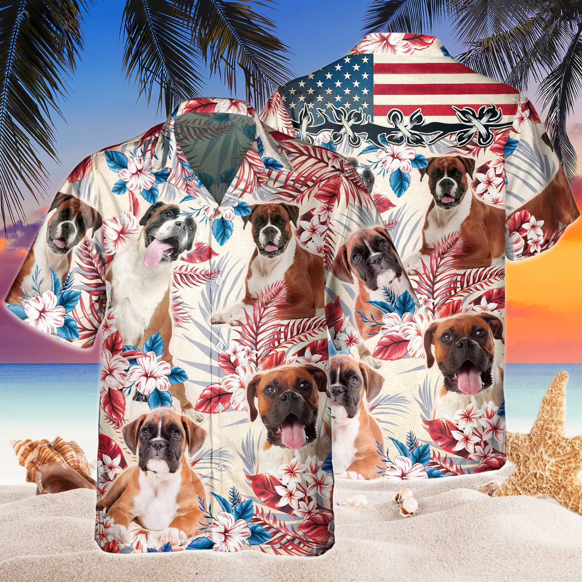 Boxer Dog United States Flag Hawaiian Flowers All Over Printed 3D Hawaiian Shirt