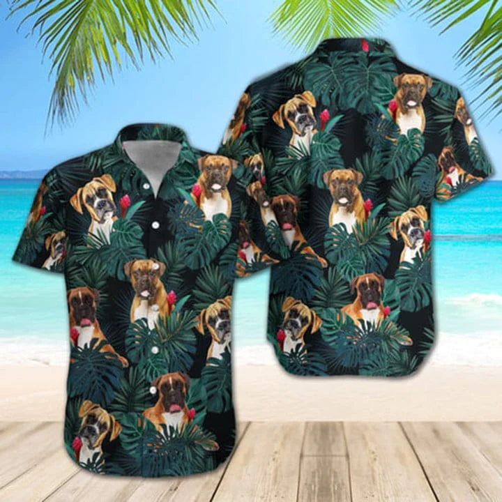 Boxer Dogs Tropical Shirt Regular Fit Short Sleeve Slim Fit Casual Full Print Shirt, Trendy Hawaiian Shirt For Woman