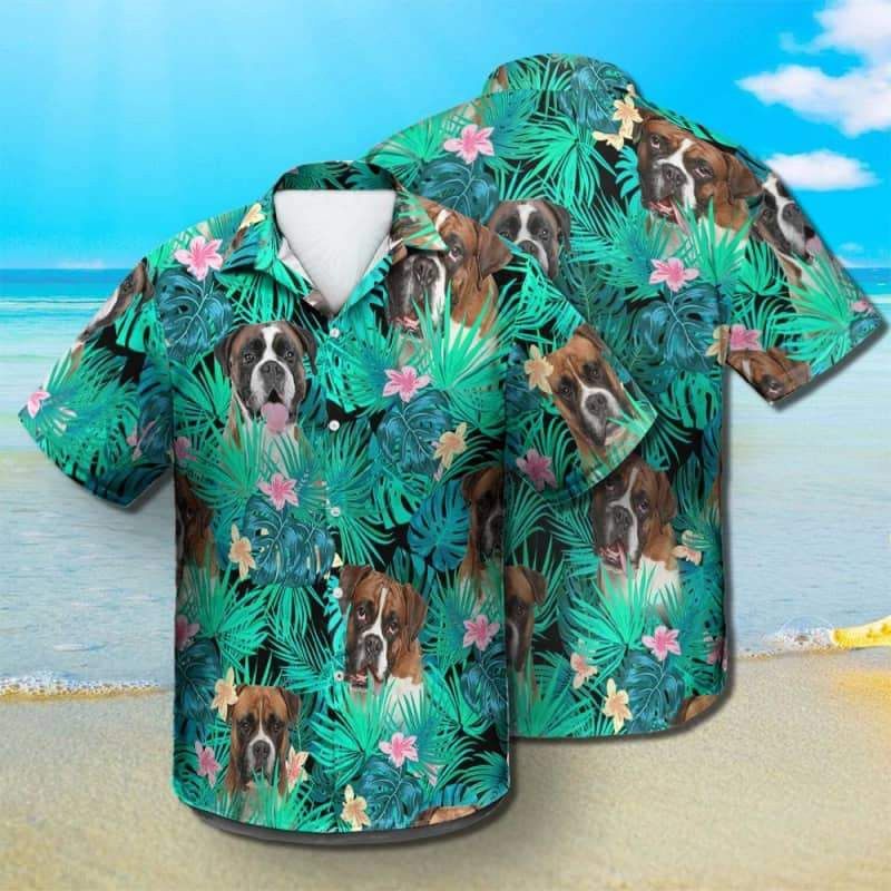 Boxer Trendy Hawaiian Shirt, Dog Summer Leaves Trendy Hawaiian Shirt, Unisex Print Aloha Short Sleeve Casual Shirt Summer Gifts