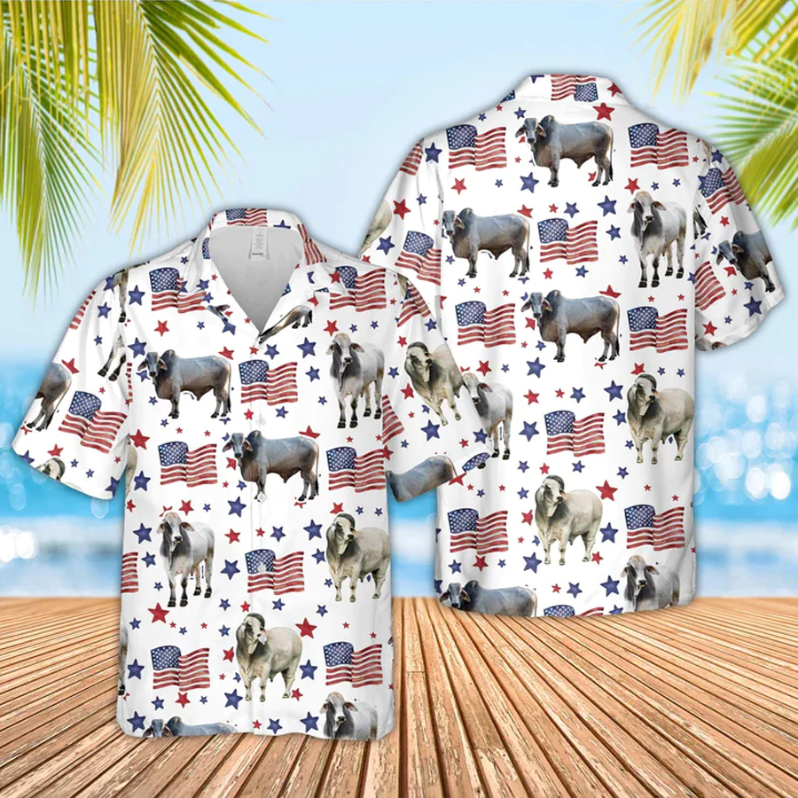 Brahman American Flag Pattern Trendy Hawaiian Shirt, Funny Cow Trendy Hawaiian Shirt, 4Th Of July Trendy Hawaiian Shirt