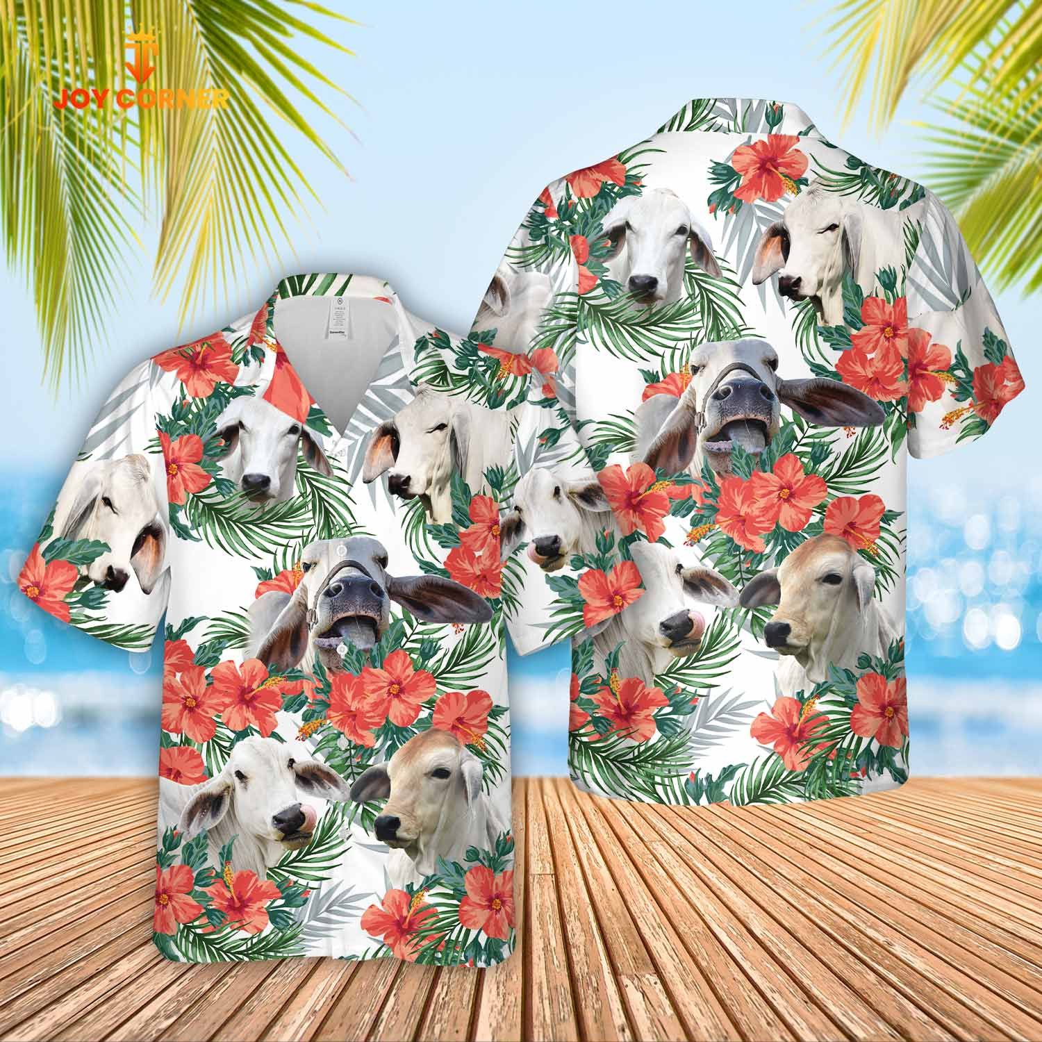 Brahman Breed Celebrated In Floral Hawaiian Shirt Design Premium Print Quality