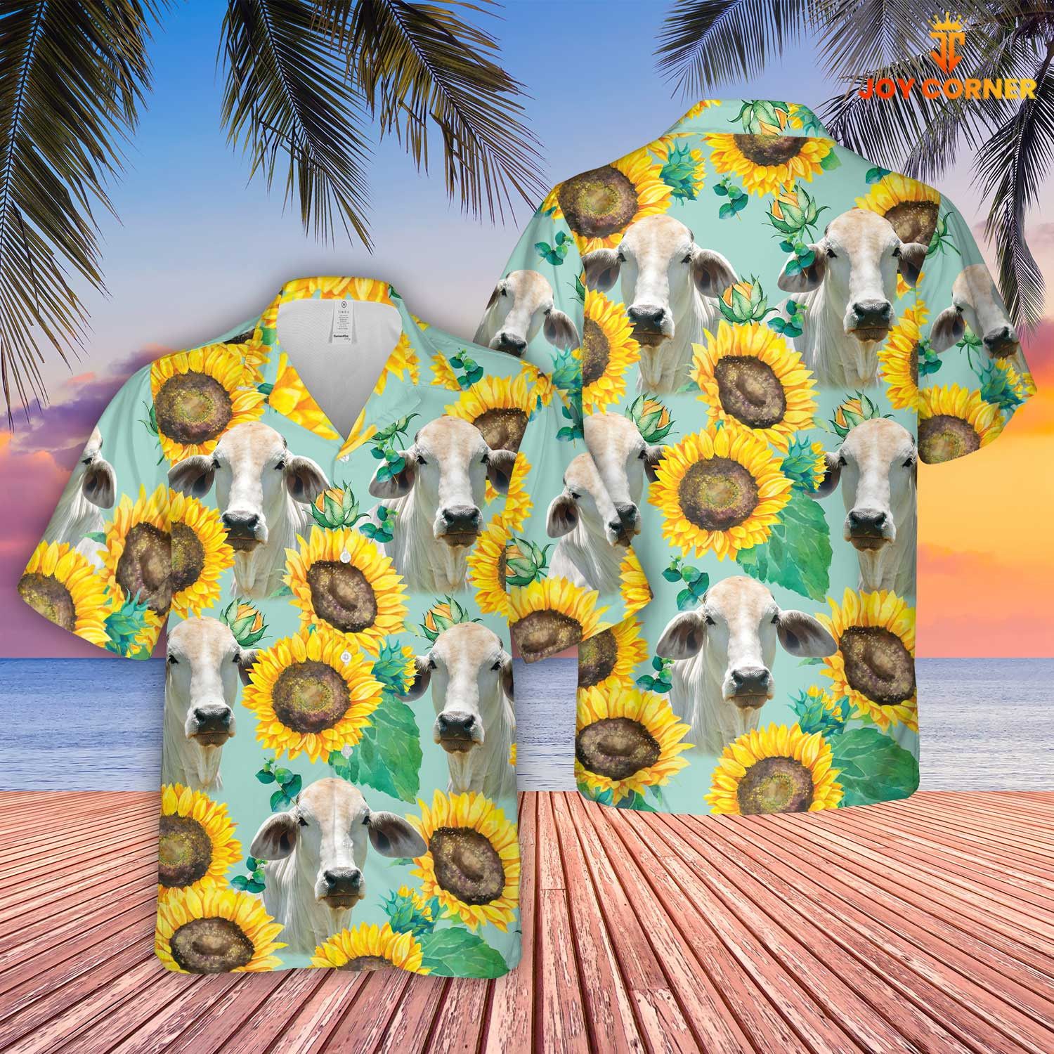 Brahman Breed Hawaiian Shirt Featuring Sunflower Farm Florals In 3D Design