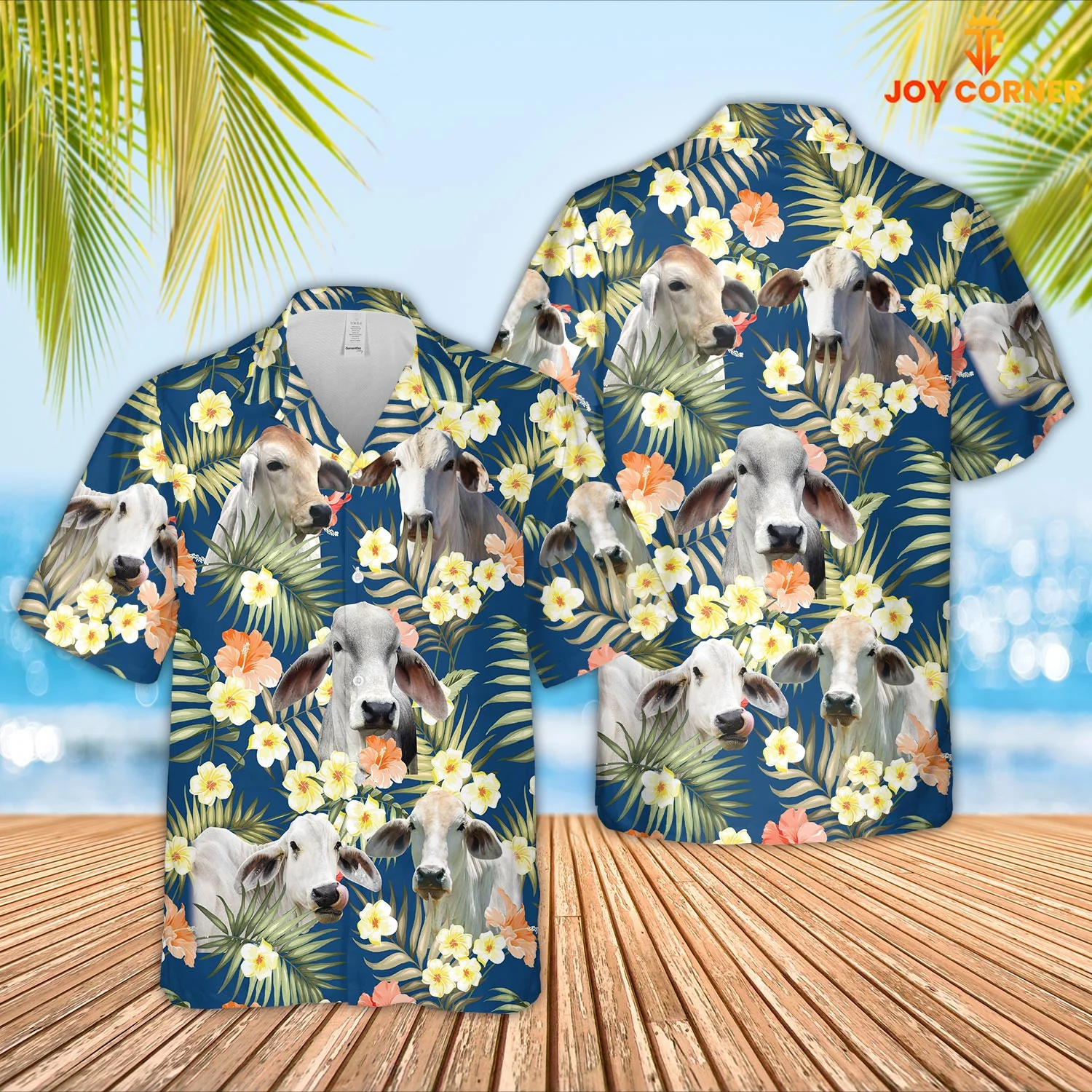 Brahman Breed Hawaiian Shirt Showcasing Blue Florals Of Summertime In 3D Design