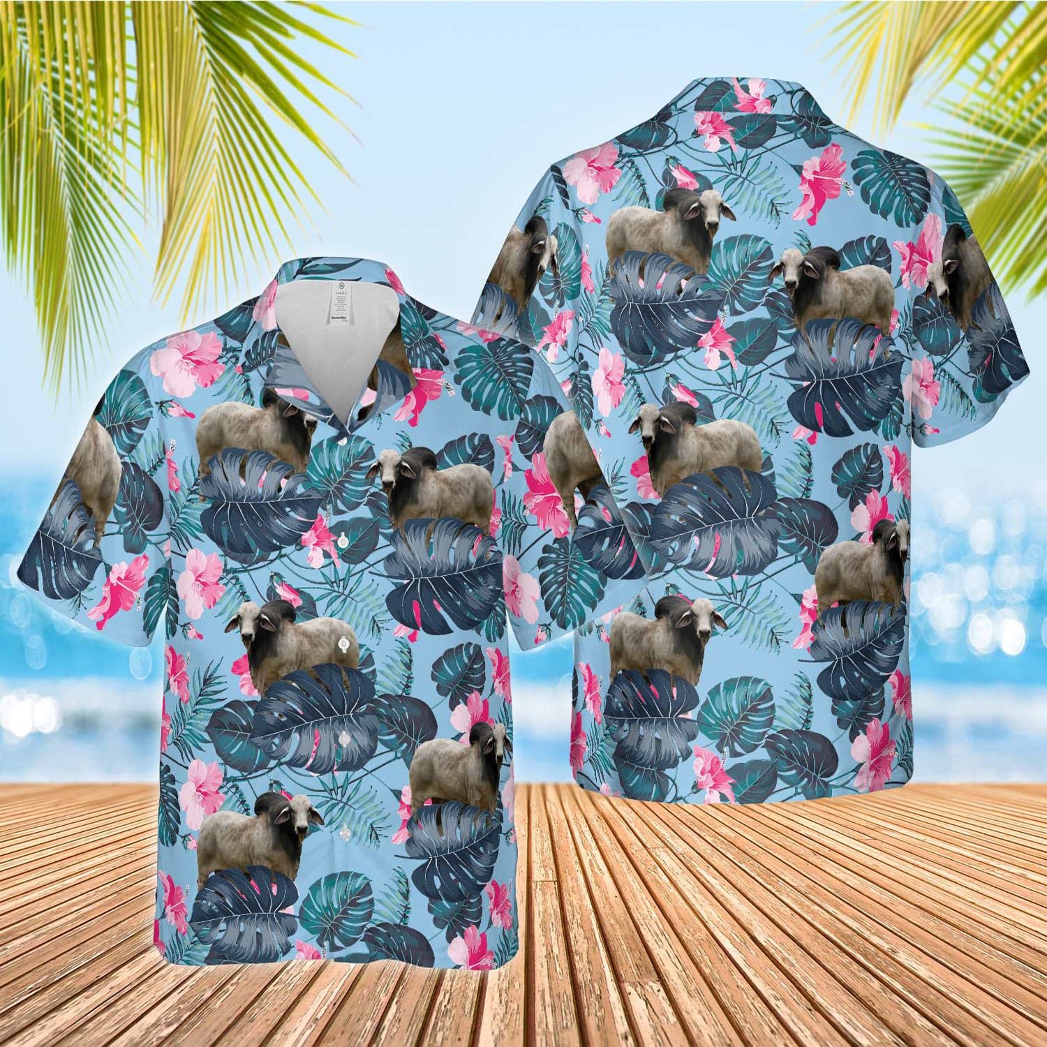 Brahman Cattle Adorned In Blue Hibiscus Hawaiian Shirt