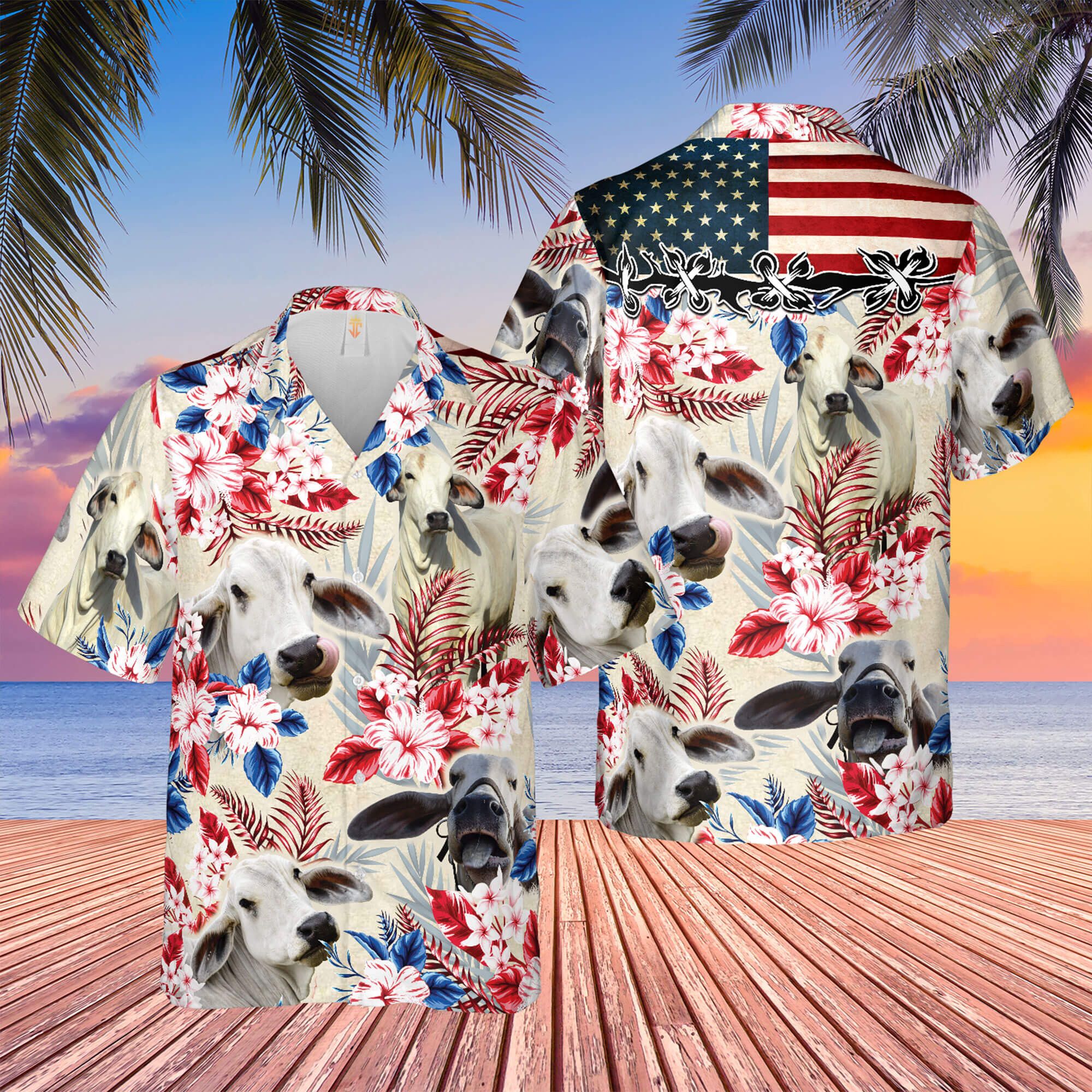 Brahman Cattle American Flag Hawaiian Flowers All Over Printed 3D Hawaiian Shirt