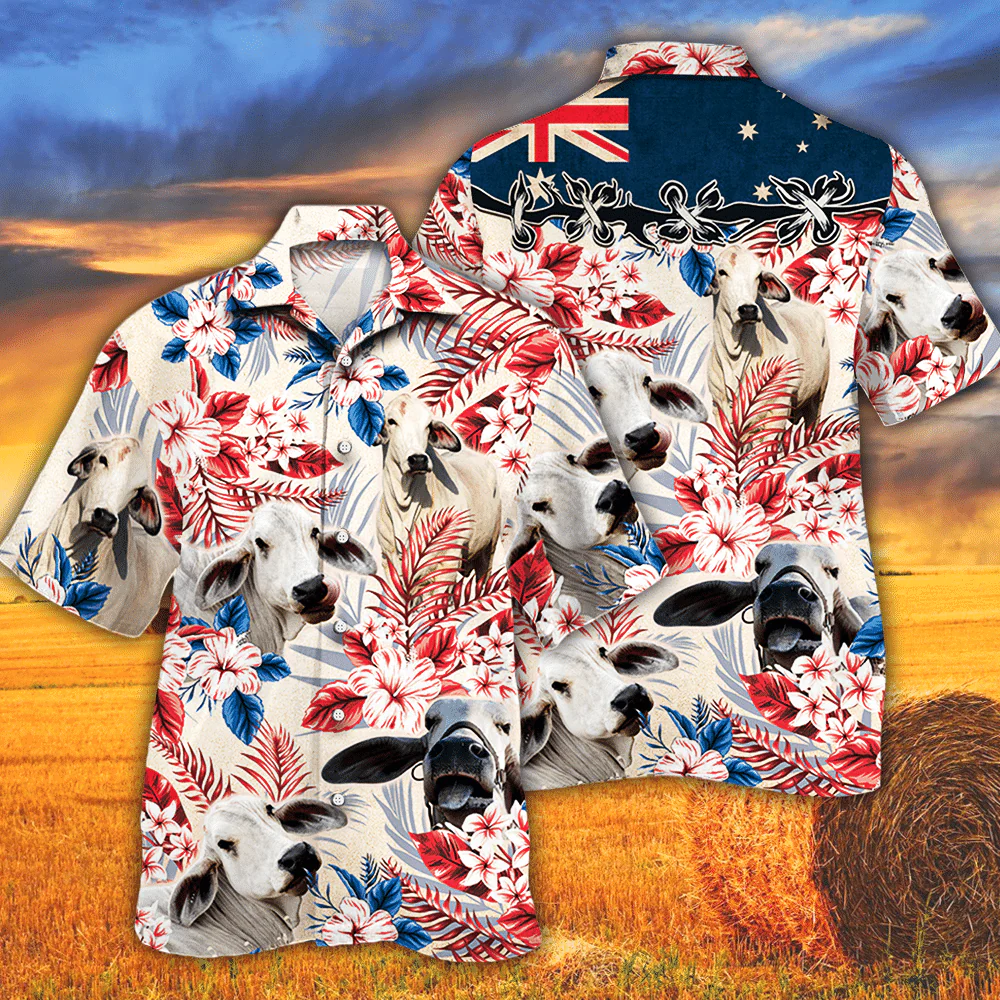 Brahman Cattle Australian Flag Hawaiian Flowers All Over Printed 3D Hawaiian Shirt