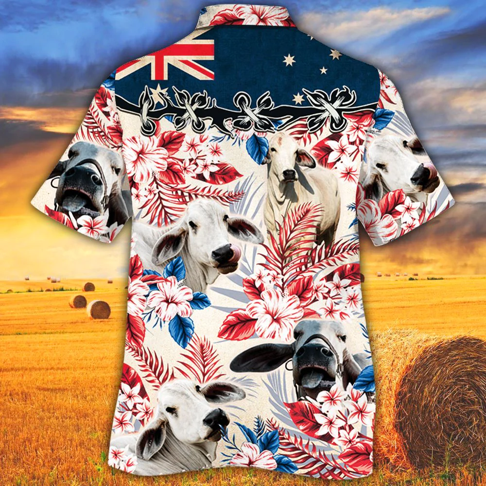 Brahman Cattle Australian Flag Hawaiian Flowers All Over Printed 3D Hawaiian Shirt