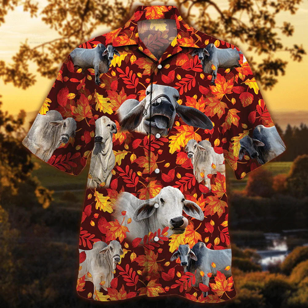 Brahman Cattle Autumn Leaves All Over Printed 3D Hawaiian Shirt