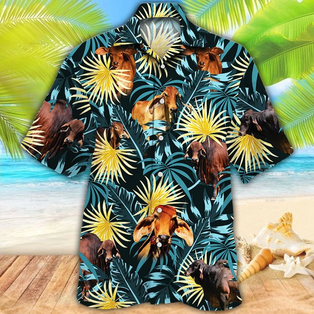 Brahman Cattle Blue And Yellow Tropical Plants All Printed 3D Hawaiian Shirt