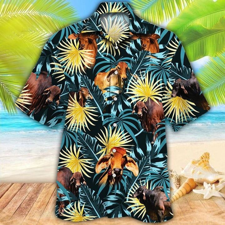 Brahman Cattle Blue And Yellow Tropical Plants Trendy Hawaiian Shirt, Aloha Shirt