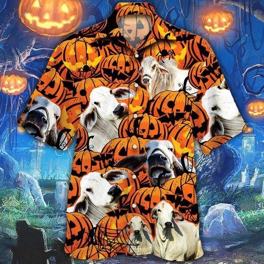 Brahman Cattle Halloween Pumpkin Hawaiian Shirt For