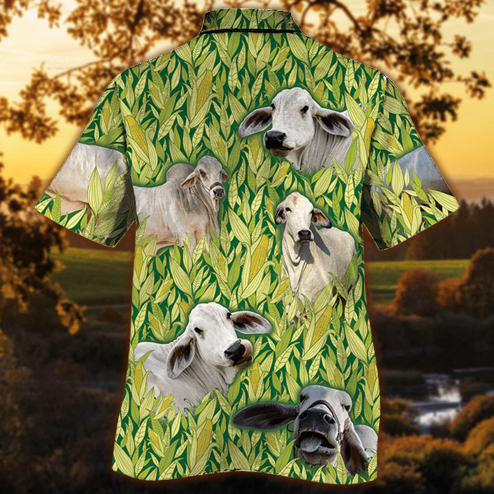 Brahman Cattle Lovers Corn Pattern Trendy Hawaiian Shirt, Cow Trendy Hawaiian Shirt For Summer Gifts