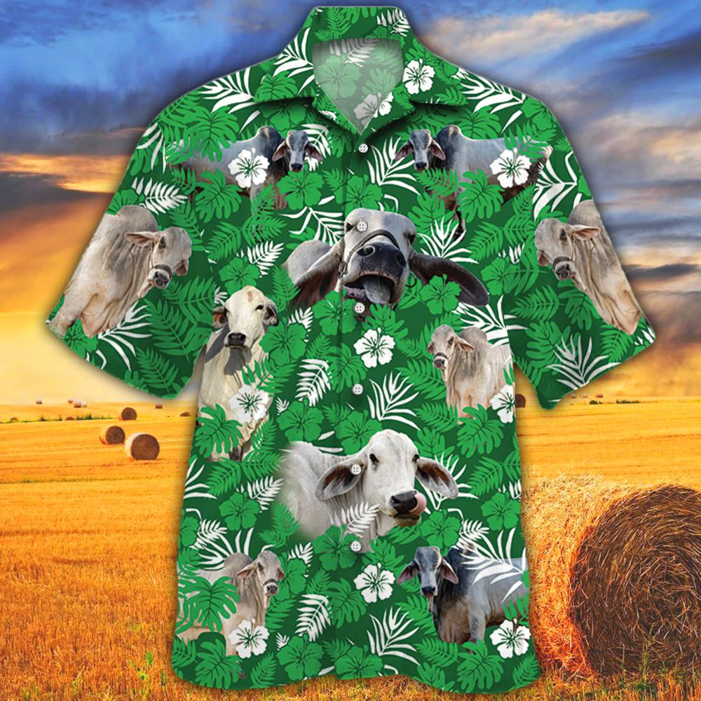 Brahman Cattle Lovers Green Floral Pattern Trendy Hawaiian Shirt, Cow Trendy Hawaiian Shirt For Summer Gifts