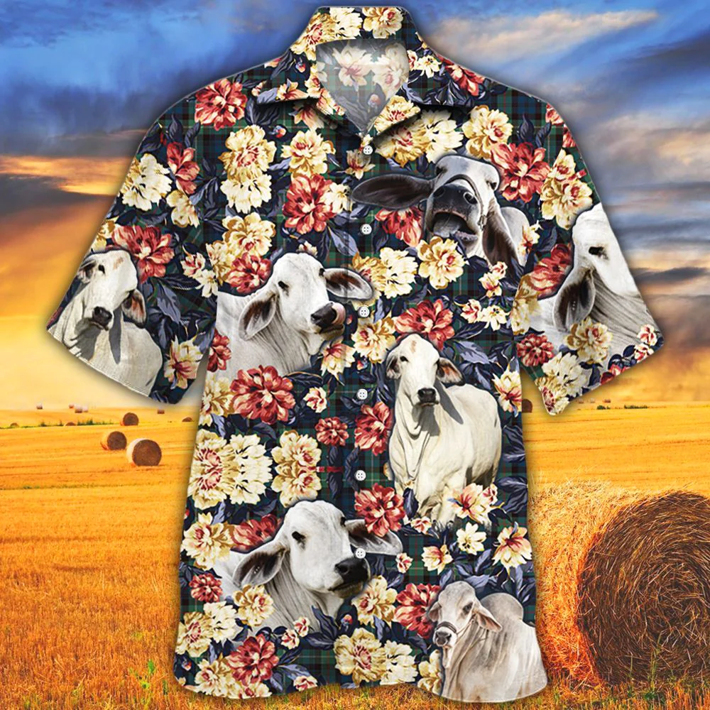 Brahman Cattle Lovers Green Plaid Pattern Trendy Hawaiian Shirt, Cow Trendy Hawaiian Shirt For Summer Gifts
