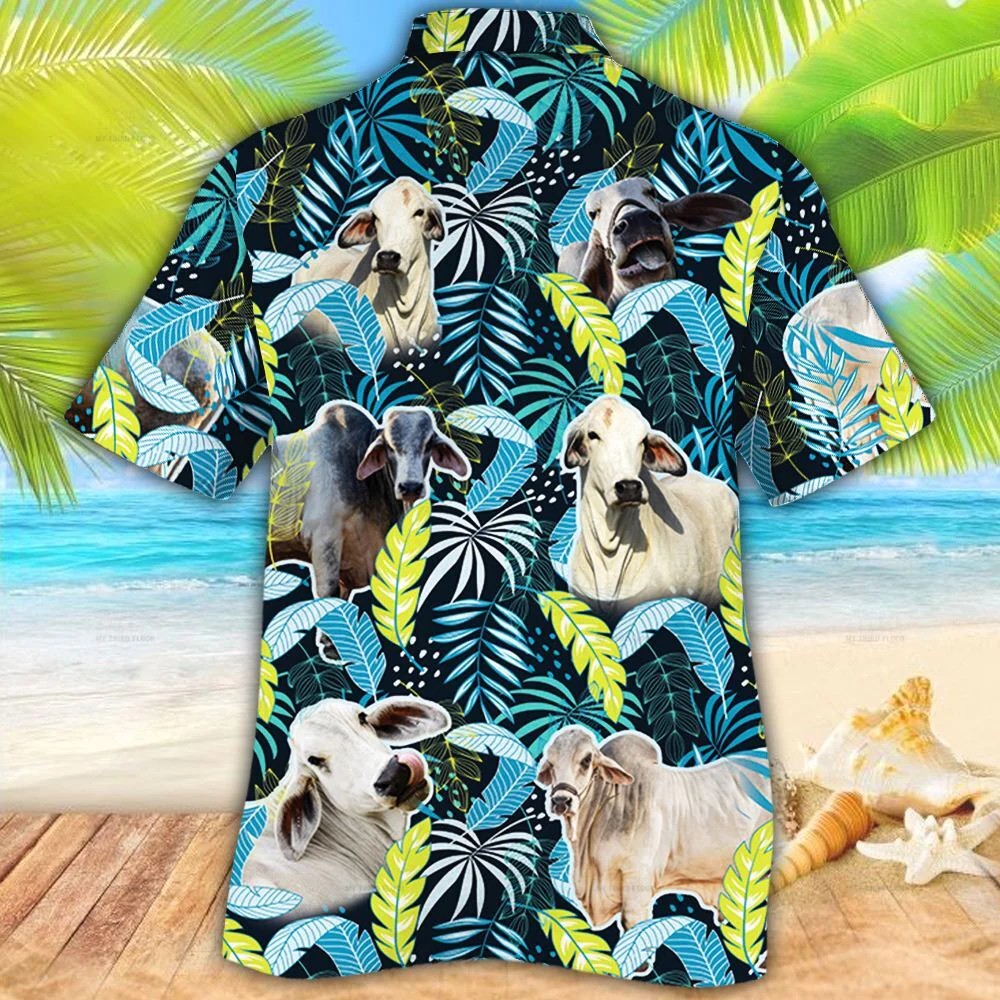 Brahman Cattle Lovers Jungle Leaves Trendy Hawaiian Shirt, Cow Trendy Hawaiian Shirt For Summer Gifts
