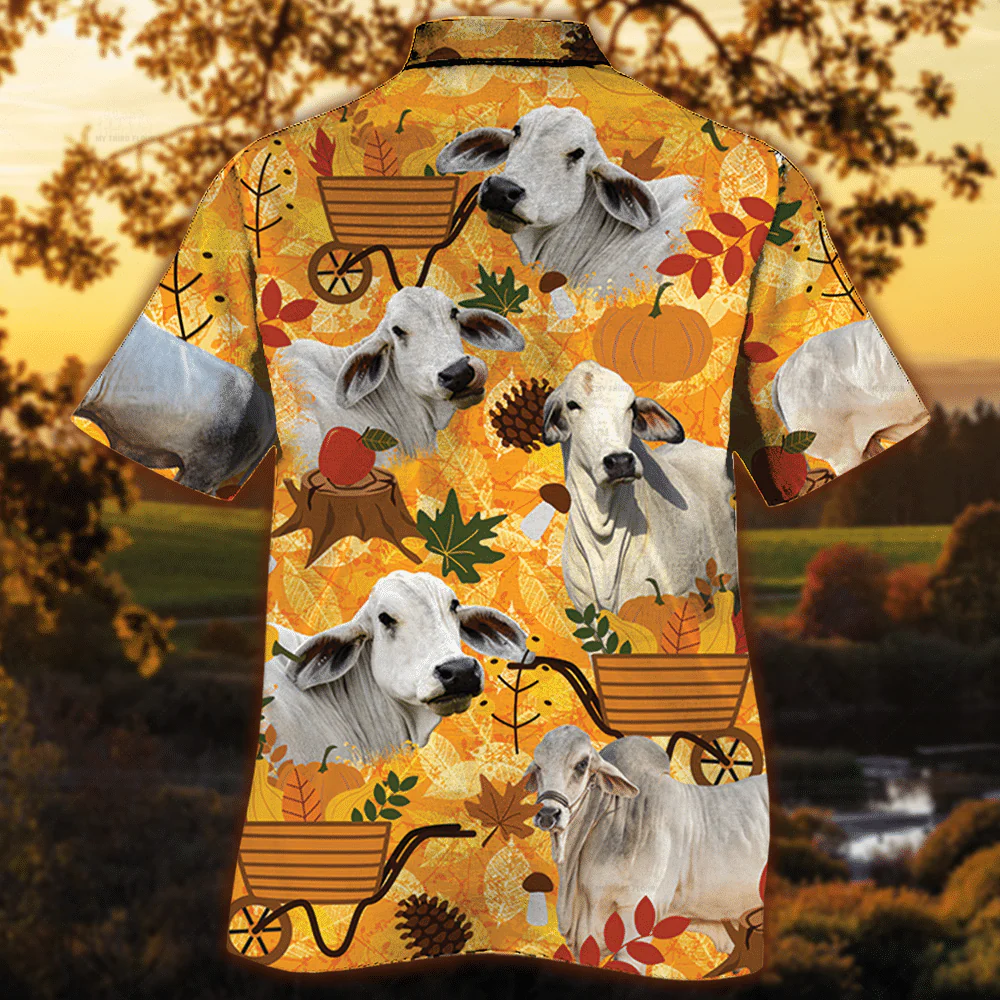 Brahman Cattle Lovers Orange Nature Autumn Trendy Hawaiian Shirt, Cow Trendy Hawaiian Shirt For Summer Gifts