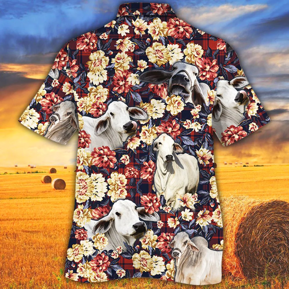 Brahman Cattle Lovers Red Plaid Pattern Trendy Hawaiian Shirt, Cow Trendy Hawaiian Shirt For Summer Gifts