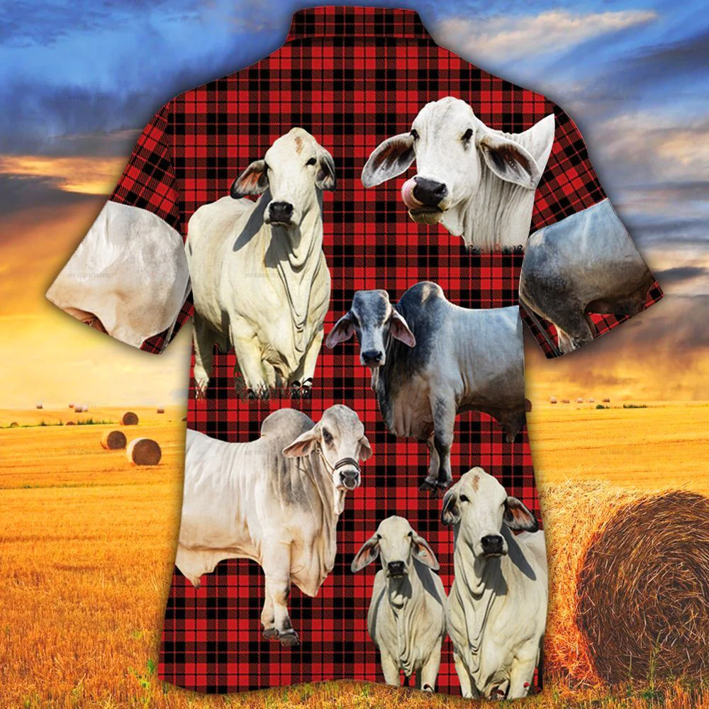 Brahman Cattle Lovers Red Tartan Pattern Trendy Hawaiian Shirt, Cow Trendy Hawaiian Shirt For Summer Gifts