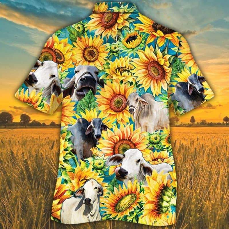 Brahman Cattle Lovers Sunflower Watercolor Trendy Hawaiian Shirt, Cow Trendy Hawaiian Shirt For Summer Gifts