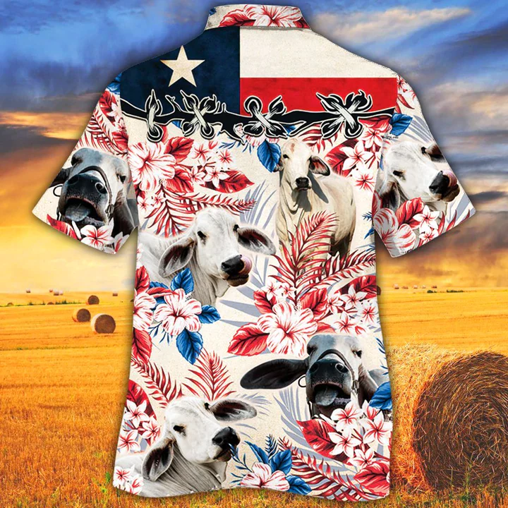 Brahman Cattle Lovers Texas Flag Trendy Hawaiian Shirt, Cow Flower Aloha Shirt, Trendy Hawaiian Shirt Men, Women