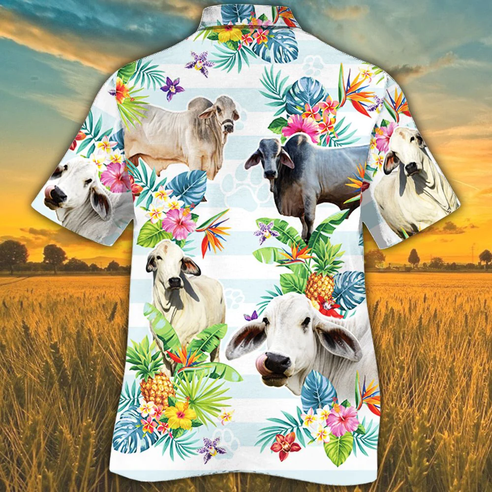 Brahman Cattle Lovers Tropical Flower Trendy Hawaiian Shirt, Cow Trendy Hawaiian Shirt For Summer Gifts