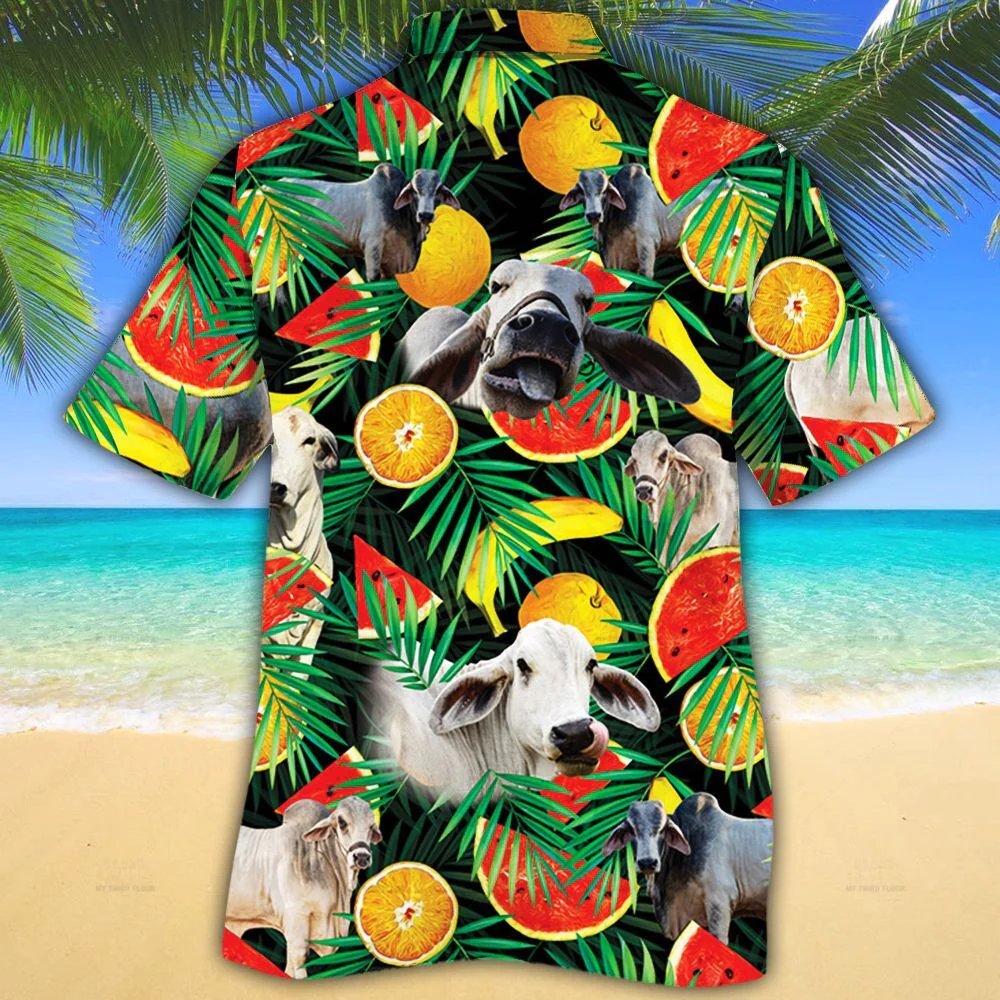 Brahman Cattle Lovers Tropical Fruits Trendy Hawaiian Shirt, Cow Trendy Hawaiian Shirt For Summer Gifts
