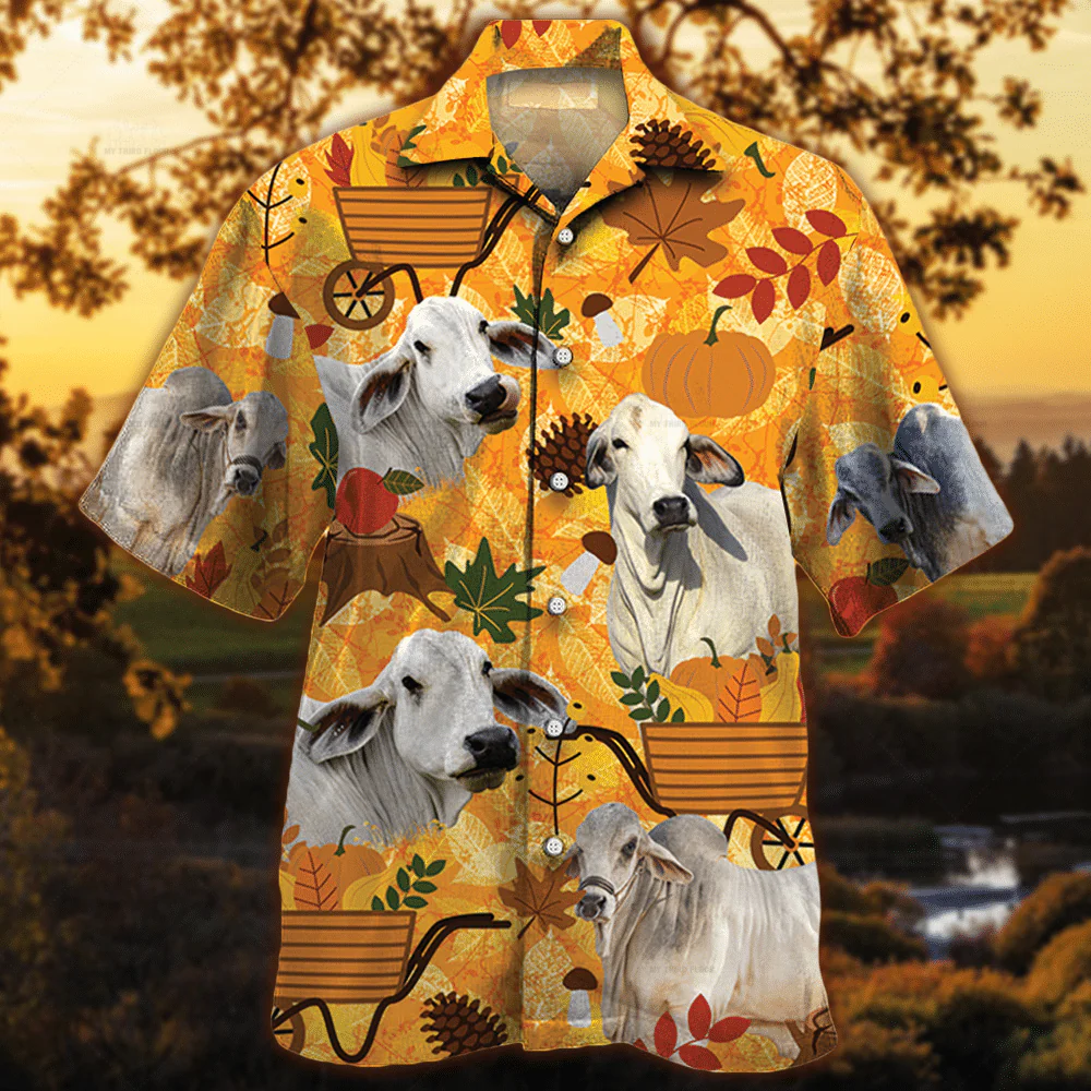 Brahman Cattle Nature Autumn Pumpkin All Over Printed 3D Hawaiian Shirt