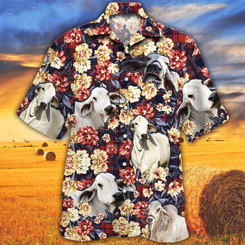 Brahman Cattle Red Plaid Pattern All Over Printed 3D Hawaiian Shirt