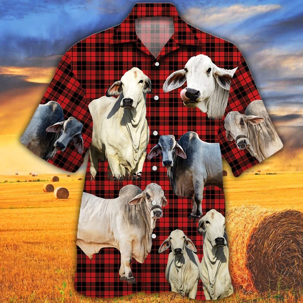 Brahman Cattle Red Tartan Pattern All Over Printed 3D Hawaiian Shirt
