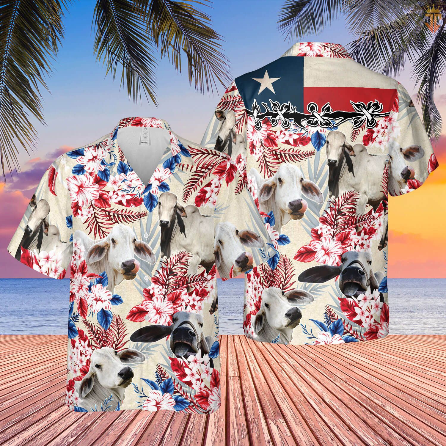 Brahman Cattle Texas Flag Hawaiian Flowers All Over Printed 3D Hawaiian Shirt