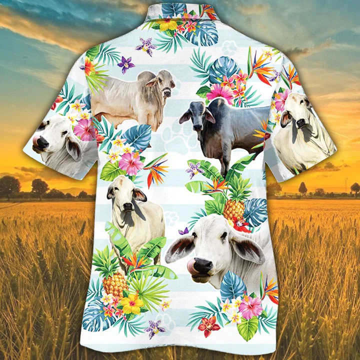 Brahman Cattle Trendy Hawaiian Shirts For Men, Women, Cow Lovers Tropical Flower Trendy Hawaiian Shirt