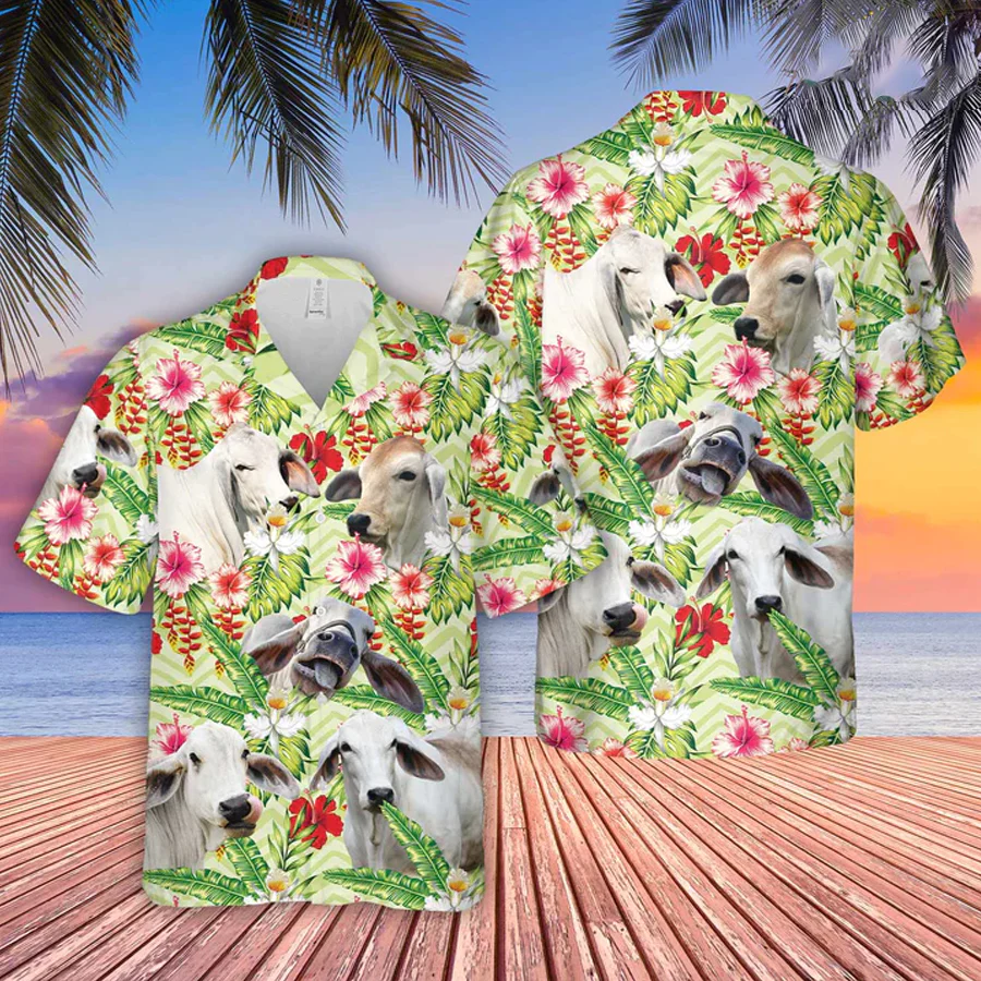 Brahman Hibicus Floral 3D Trendy Hawaiian Shirt, Farm Lover Hawaii Shirt, Hawaiian Casual Button Down Shirt