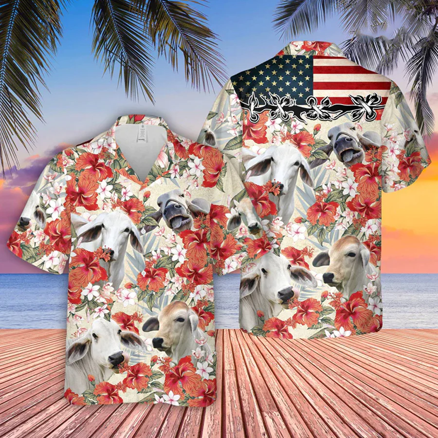Brahman Hibicus Floral Us Flag 3D Trendy Hawaiian Shirt, Summer Aloha Shirt Men And Women