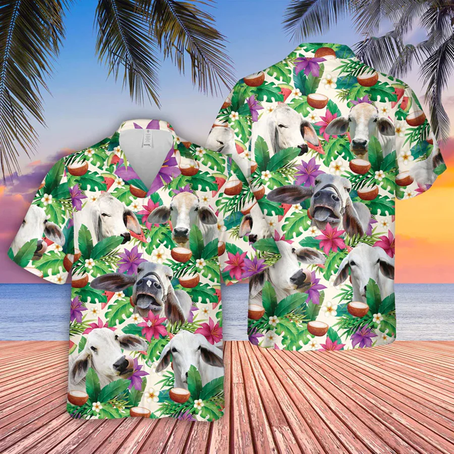 Brahman Summer Floral 3D Trendy Hawaiian Shirt, Farm Lover Hawaii Shirt, Hawaiian Casual Button Down Shirt