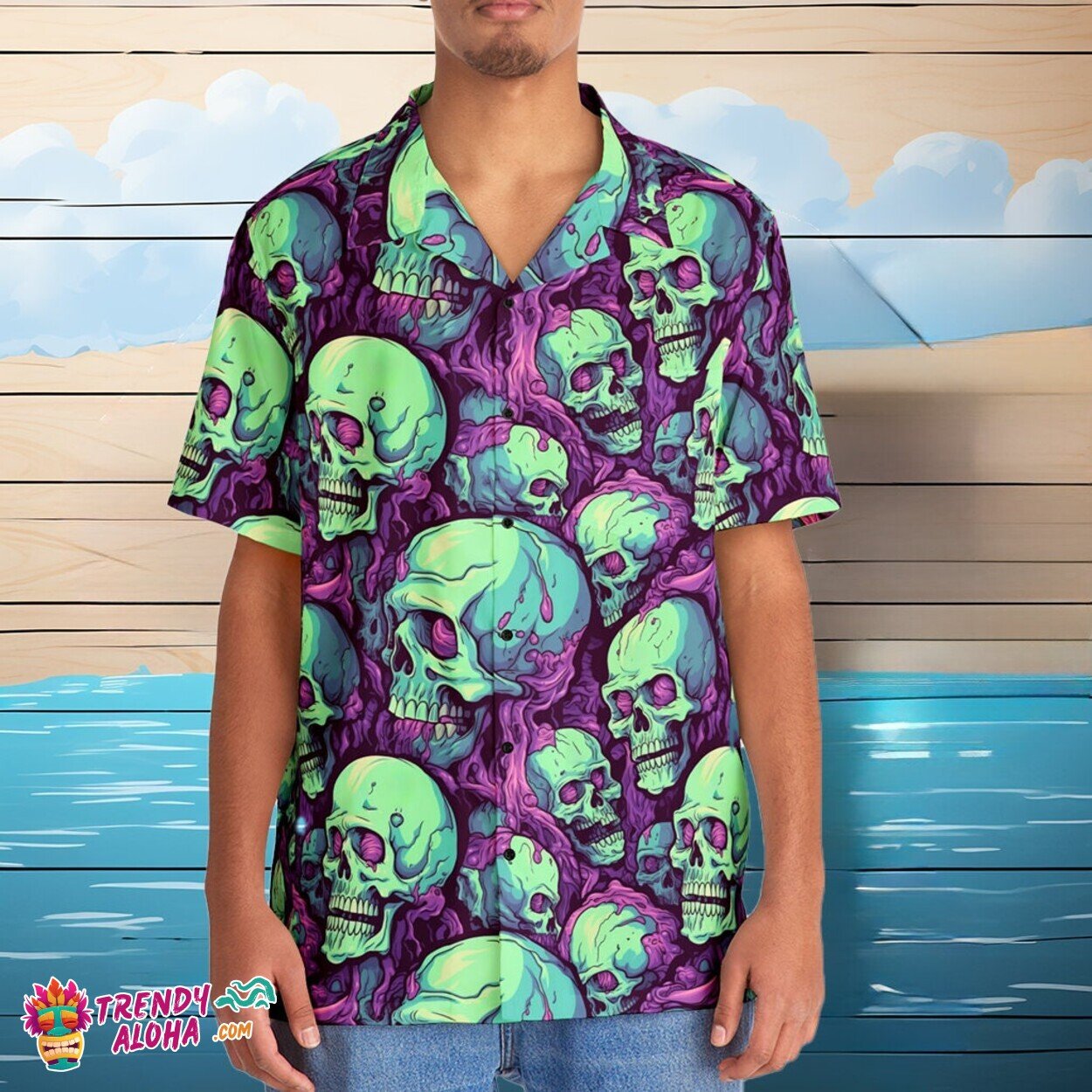 Brain-Eating Zombie Horror Scene Men’s Hawaiian Vacation Shirt