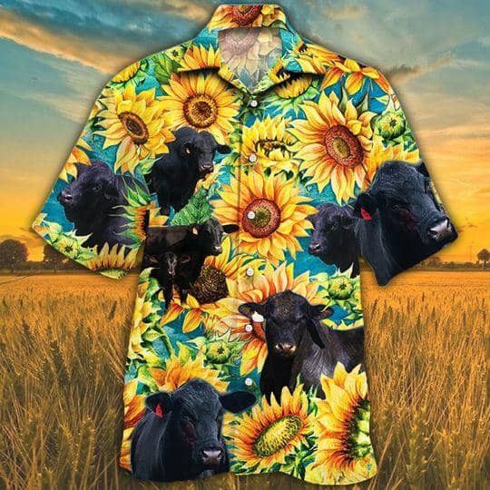Brangus Cattle Hawaiian Shirt in Sunflower Watercolor Splash