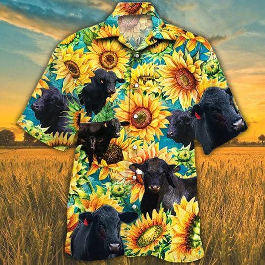 Brangus Cattle Hawaiian Shirt with Sunflower Watercolor Design