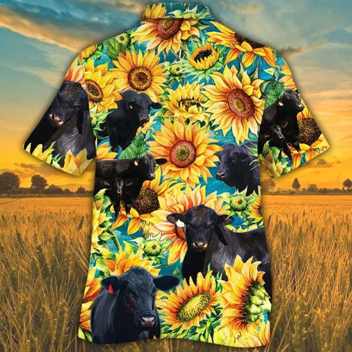 Brangus Cattle Lovers Sunflower Watercolor Trendy Hawaiian Shirt, Cow Trendy Hawaiian Shirts For Men, Women