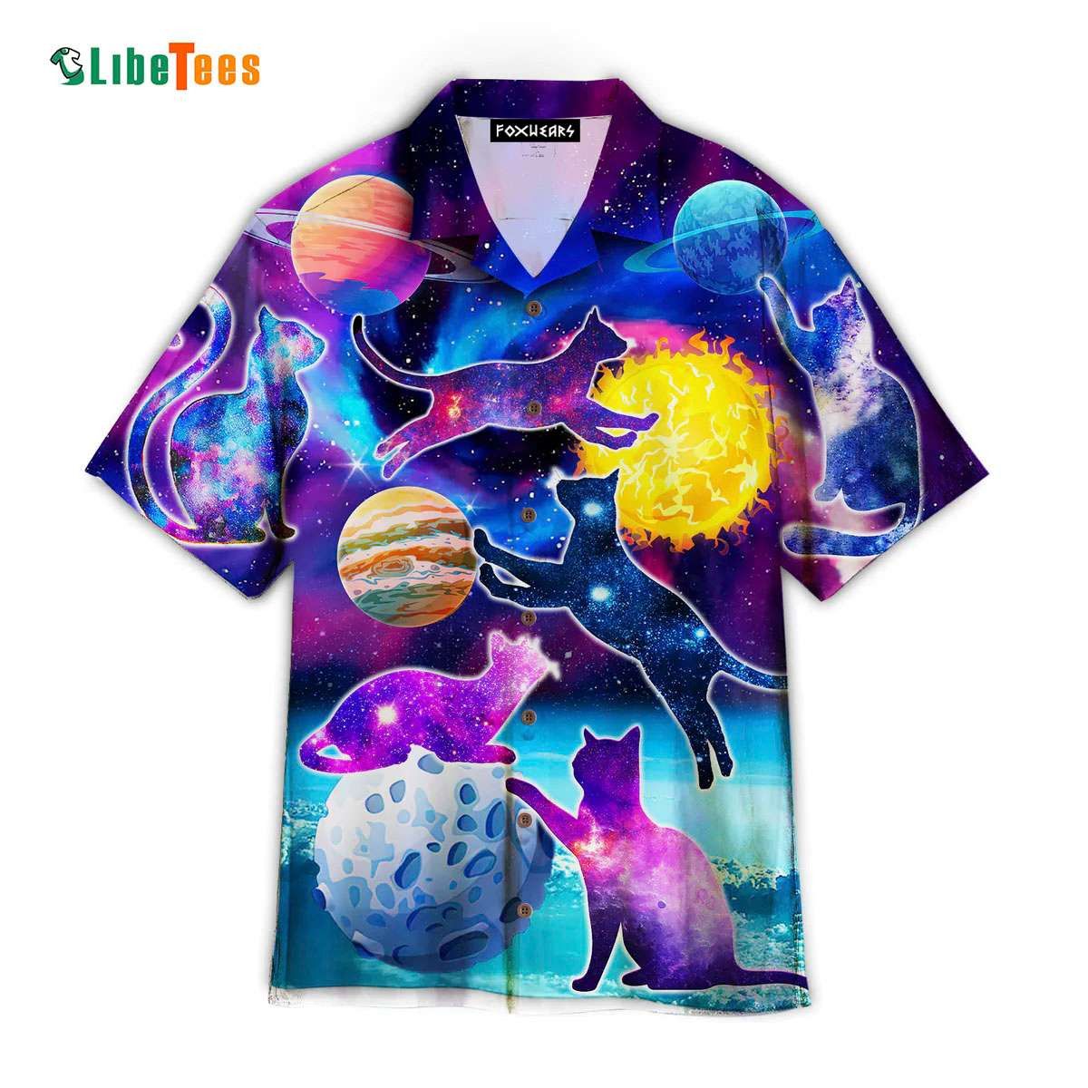 Bright Galaxy Backdrop with Cat Silhouettes Hawaiian Shirt