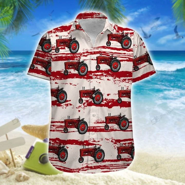 Bright Red Tractor Design 3D Hawaiian Shirt Unique Printed Style