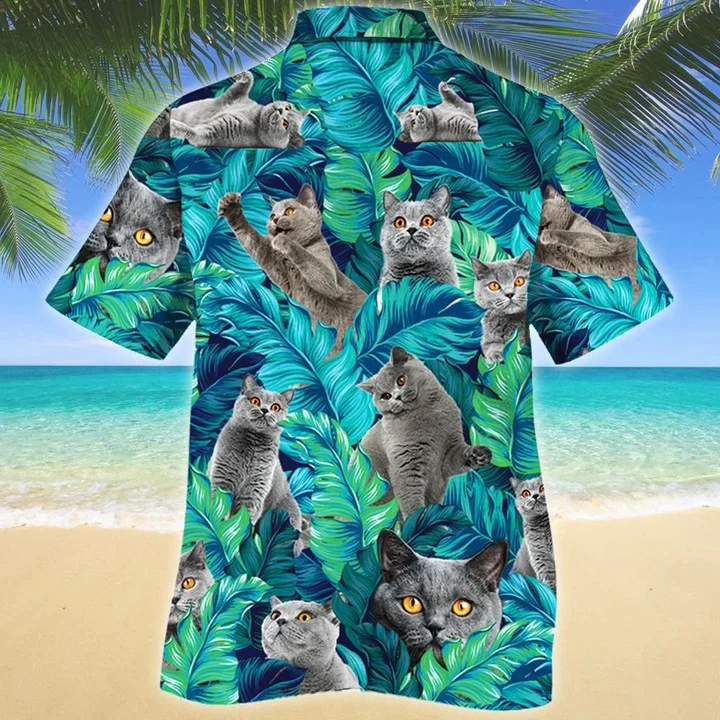 British Shorthair Cat Lovers Gift, Cat Summer Beach Palm Tree Trendy Hawaiian Shirt