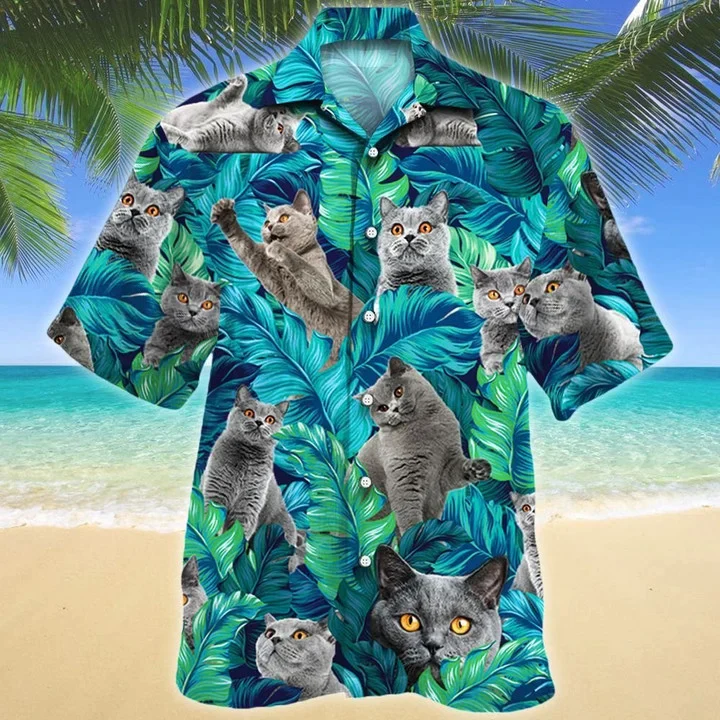 British Shorthair Cat Lovers Gift, Cat Summer Beach Palm Tree Trendy Hawaiian Shirt