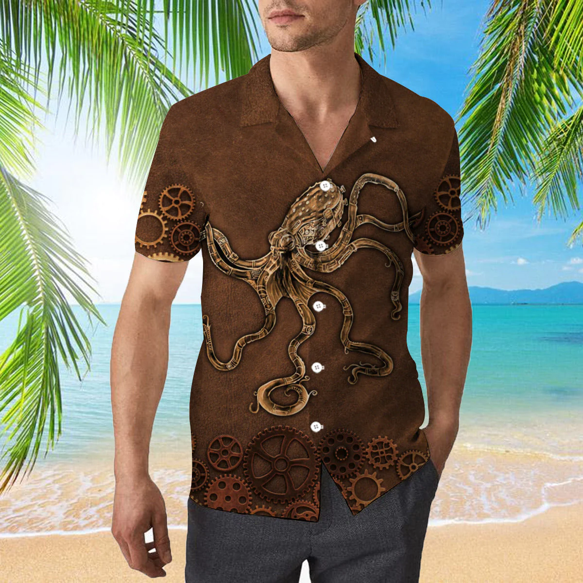 Brown Octopus Steampunk Aloha Trendy Hawaiian Shirts
