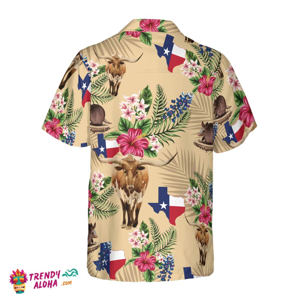 Brown Tribal Pattern Texas Hawaiian Shirt For Men, Armadillo And Longhorn Texas State Shirt, Proud Texas Flag Shirt For Men