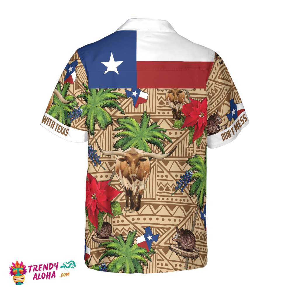 Brown Tribal Pattern Texas Hawaiian Shirt White Neck Version, Don’t Mess With Texas Armadillo And Longhorn Texas State Shirt For Men