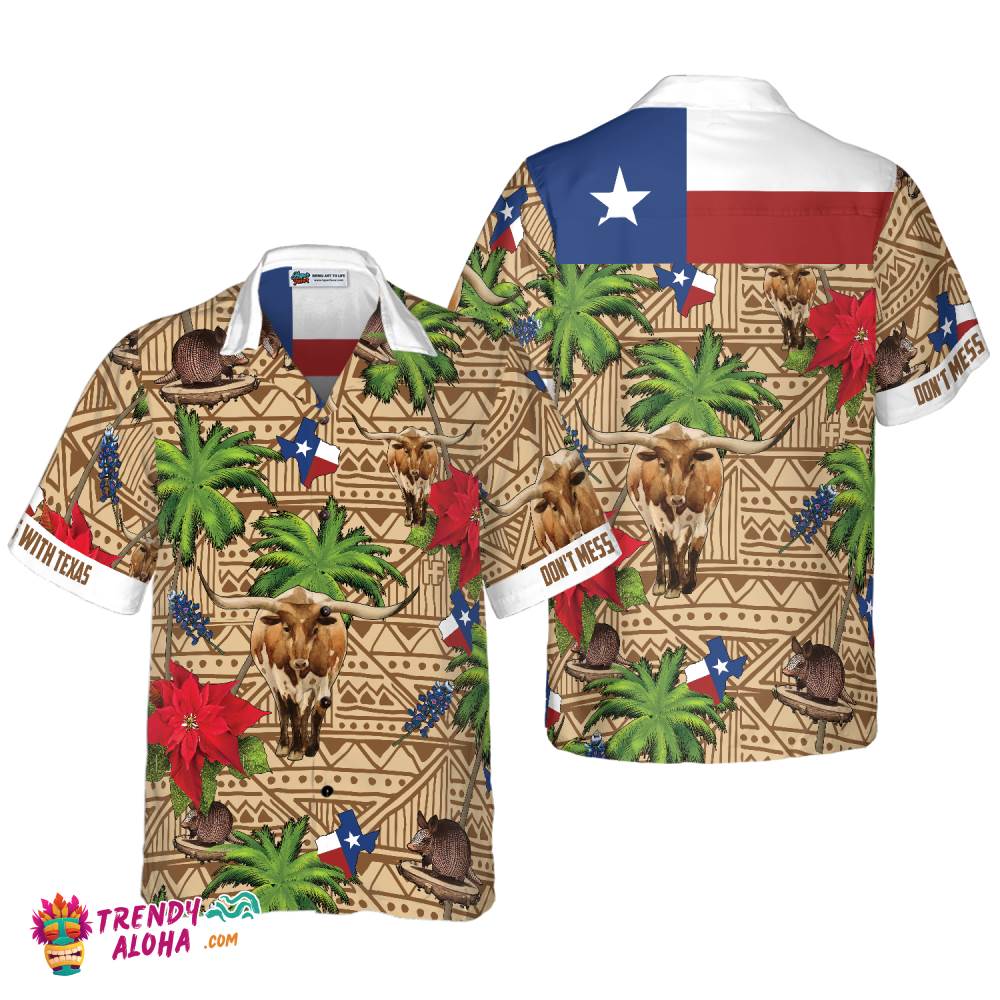 Brown Tribal Pattern Texas Hawaiian Shirt White Neck Version, Don’t Mess With Texas Armadillo And Longhorn Texas State Shirt For Men Brown Tribal Pattern Texas Hawaiian Shirt White Neck Version, Don’t Mess With Texas Armadillo And Longhorn Texas State Shirt For Men