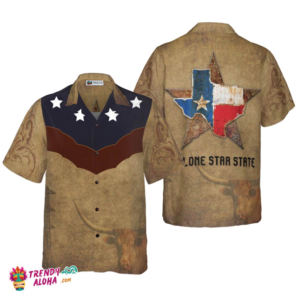 Brown Vintage Floral Damask Pattern Texas Hawaiian Shirt, The Lone Star State Texas Home Shirt, Proud Texas Flag Shirt For Men Brown Vintage Floral Damask Pattern Texas Hawaiian Shirt, The Lone Star State Texas Home Shirt, Proud Texas Flag Shirt For Men