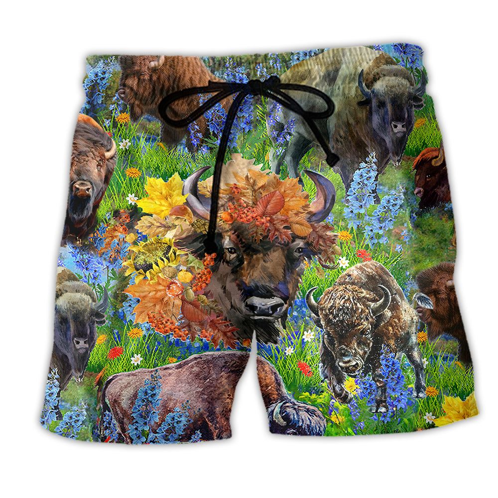 Buffalo Love Animals Green Floral Field Trendy Aloha Hawaiian Beach Shorts Buffalo Love Animals Green Floral Field Trendy Aloha Hawaiian Beach Shorts